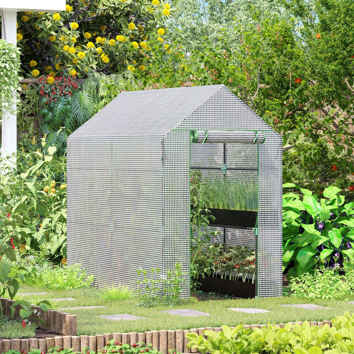 Walk in Garden Greenhouse with Shelves Steeple White