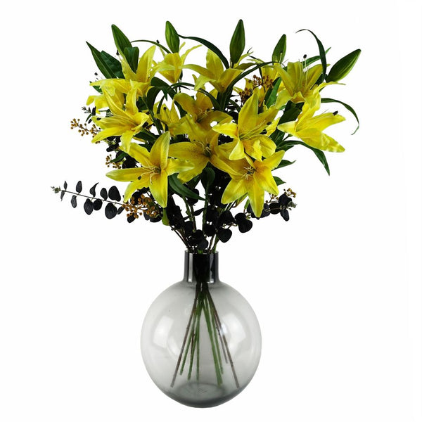  Yellow Lily Black Eucalyptus Glass Ball Vase