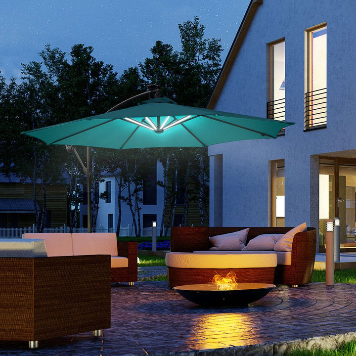 (m) LED Patio Banana Umbrella Cantilever Parasol w/ Crank, Green Outsunny