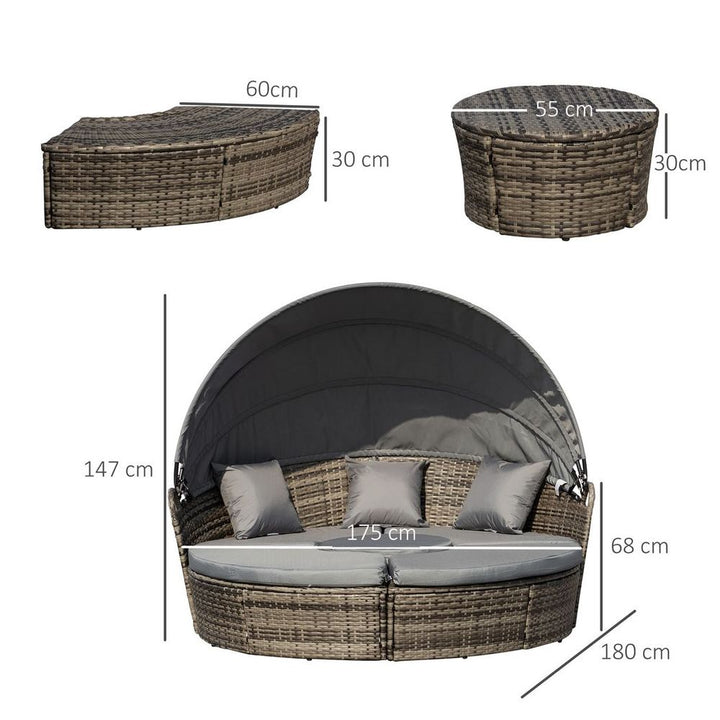 Outsunny Cushioned Outdoor Plastic Rattan Round Sofa Bed Table Set Grey