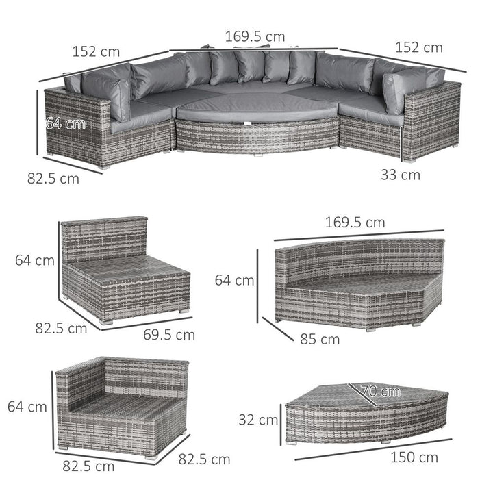 -Seater Rattan Sofa Set Half Round w/ Cushions Grey