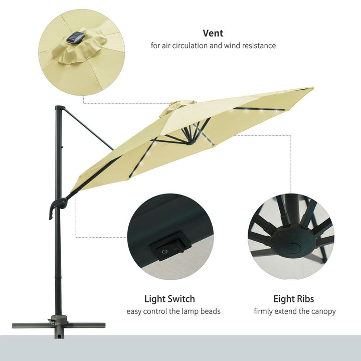 m Cantilever Parasol Patio Umbrella with LED Solar Light Beige