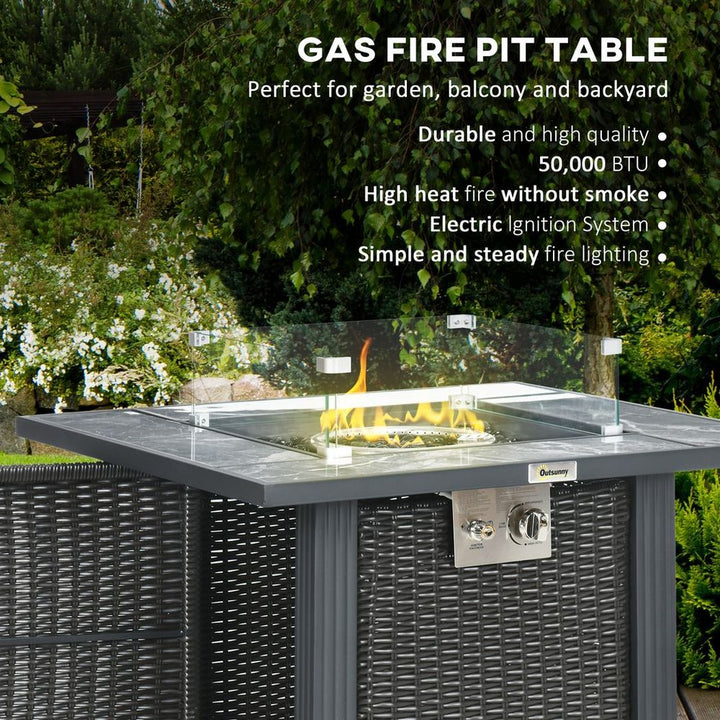 Outsunny Gas Fire Pit Table w/ Rain Cover, Windscreen & Glass Stone, , BTU