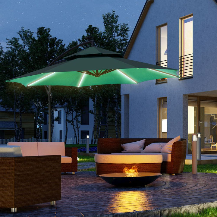 m Cantilever Banana Parasol Double Roof, LED Solar Crank Green