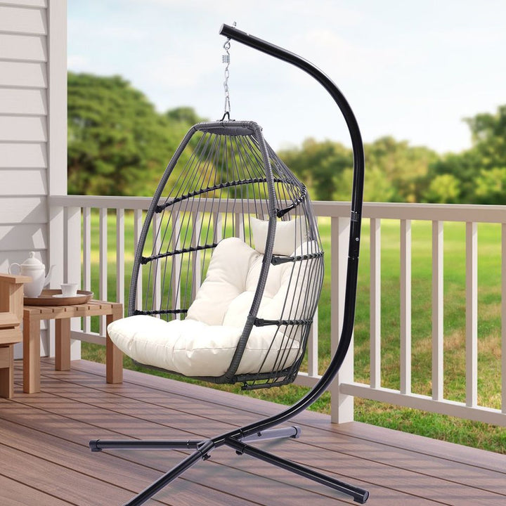 Outdoor Patio Wicker Folding Hanging Chair,Rattan Swing Hammock Egg Chair With Cushion And Pillow