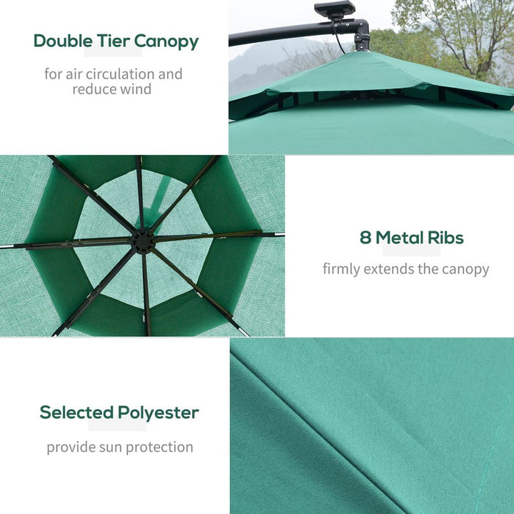 m Cantilever Banana Parasol Double Roof, LED Solar Crank Green