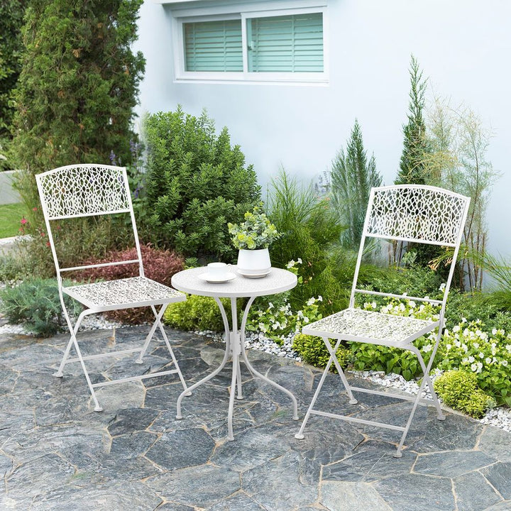 Garden Bistro Set for with Folding Chairs and Round Table, White