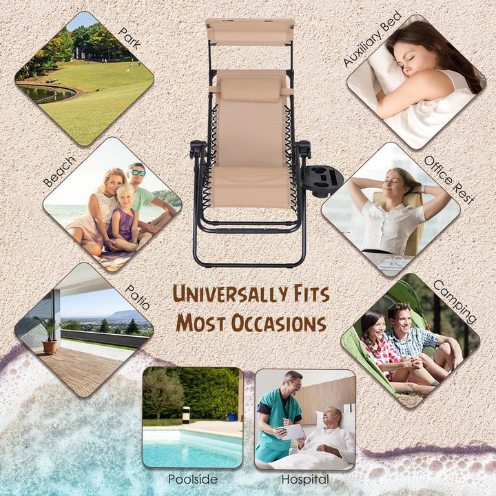 Steel Frame Zero Gravity Outdoor Garden Deck Chair with Canopy - Beige