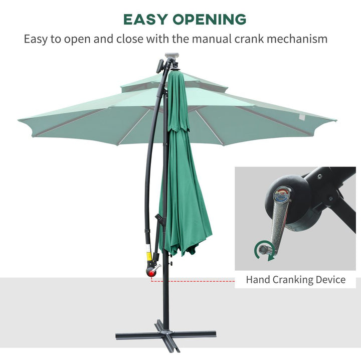 m Cantilever Banana Parasol Double Roof, LED Solar Crank Green