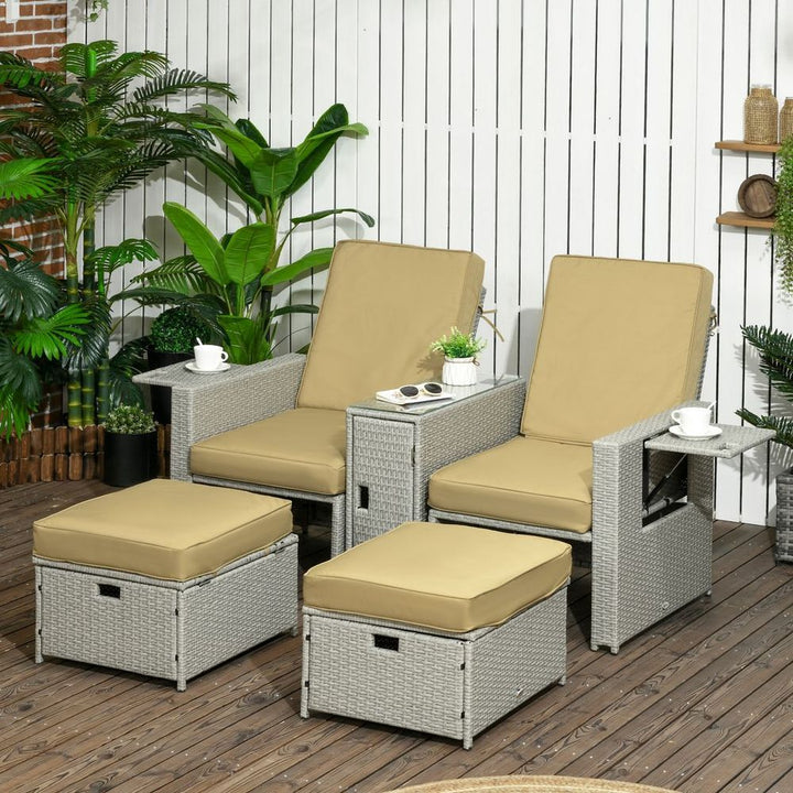 -level Adjustable Rattan Sun Lounger w/ Storage Tea Table & Footstools, Beige