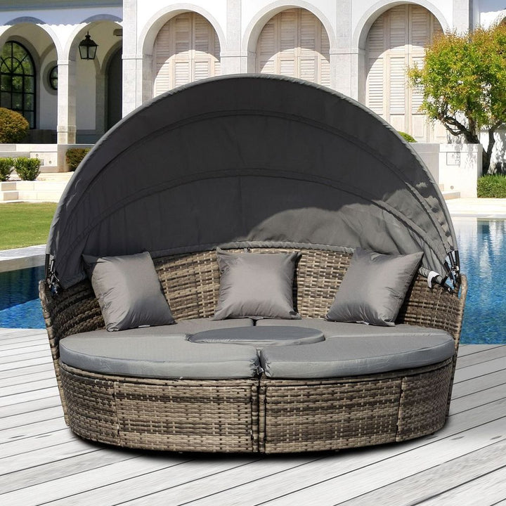 Outsunny Cushioned Outdoor Plastic Rattan Round Sofa Bed Table Set Grey