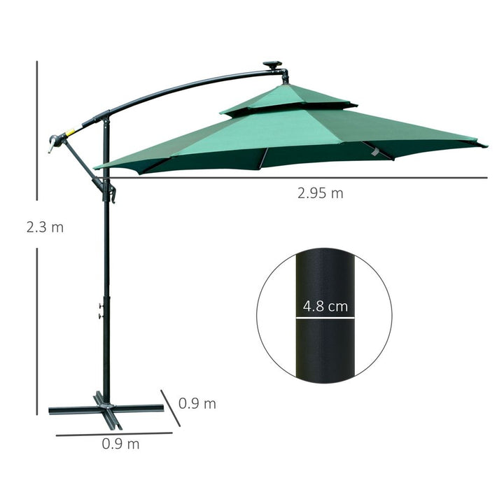 m Cantilever Banana Parasol Double Roof, LED Solar Crank Green