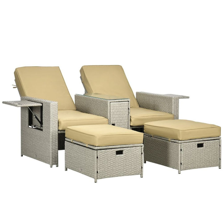 -level Adjustable Rattan Sun Lounger w/ Storage Tea Table & Footstools, Beige