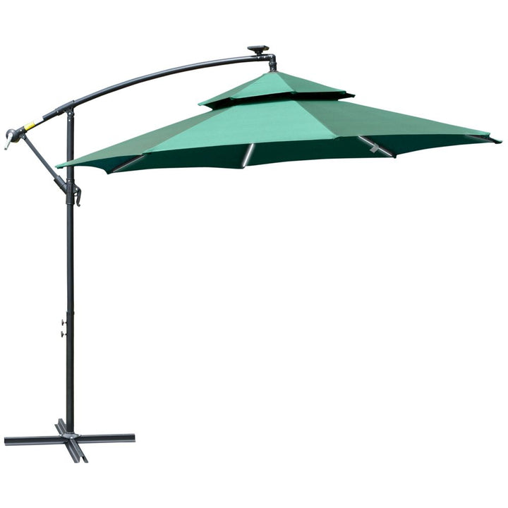 m Cantilever Banana Parasol Double Roof, LED Solar Crank Green